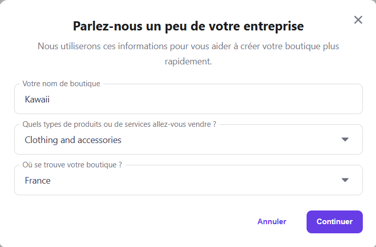 Les champs d'informations de la boutique en ligne dans Hostinger Easy Onboarding pour WooCommerce