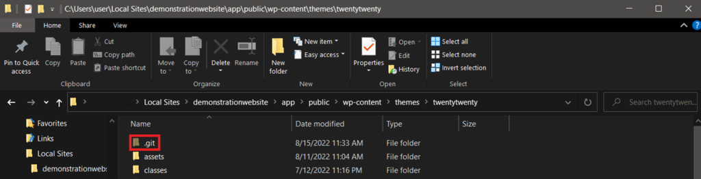 Un dossier .git caché apparaît après la création d'un référentiel distant