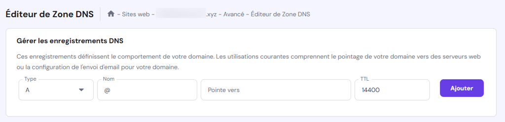 ableau de bord de l'éditeur de zone DNS dans hPanel