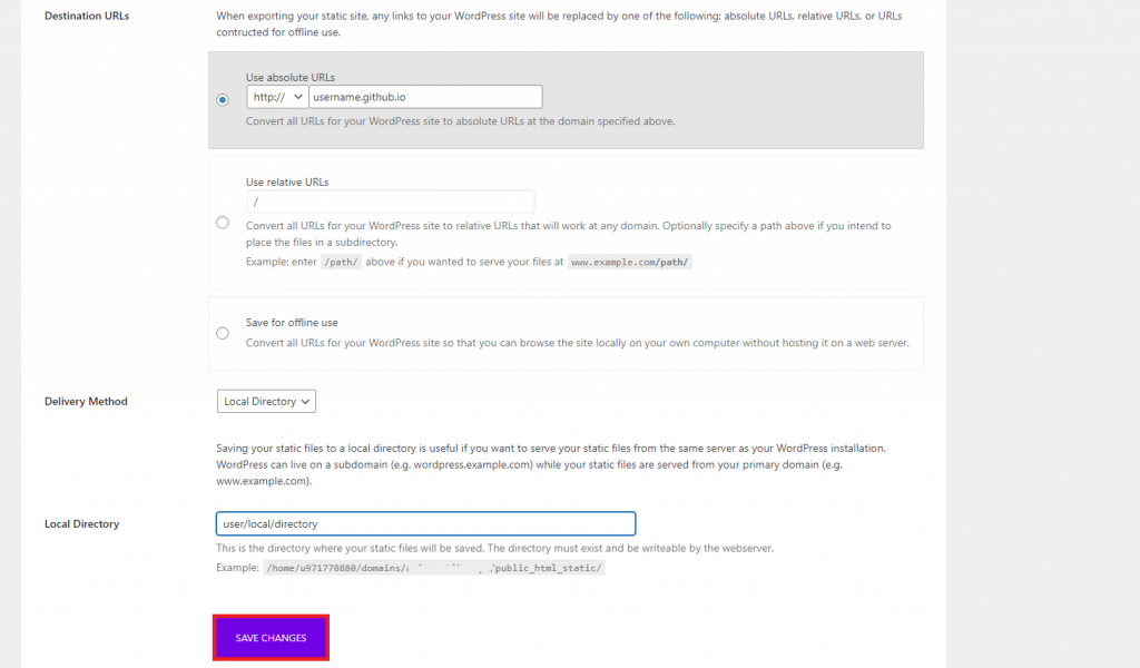 Configurer l'URL du site Simply Static, ainsi que la méthode de livraison et la destination