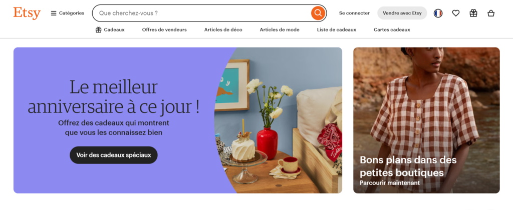 Page d'accueil d'Etsy, une place de marché en ligne pour l'achat et la vente d'articles faits main ou vintage