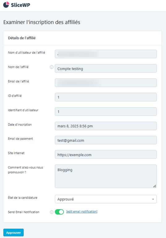 La page de réponses au formulaire de demande d'affiliation sur SliceWP