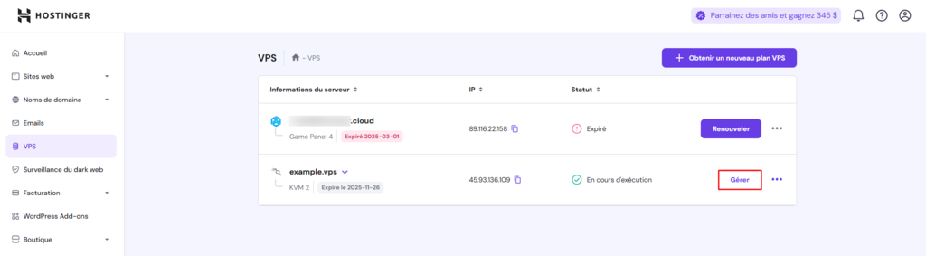 Le bouton Gérer dans le VPS de hPanel