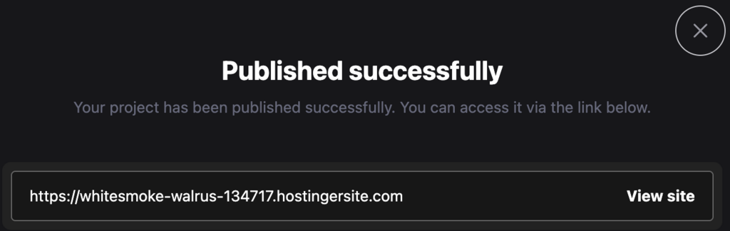 Notification de publication réussie d'Hostinger Horizons