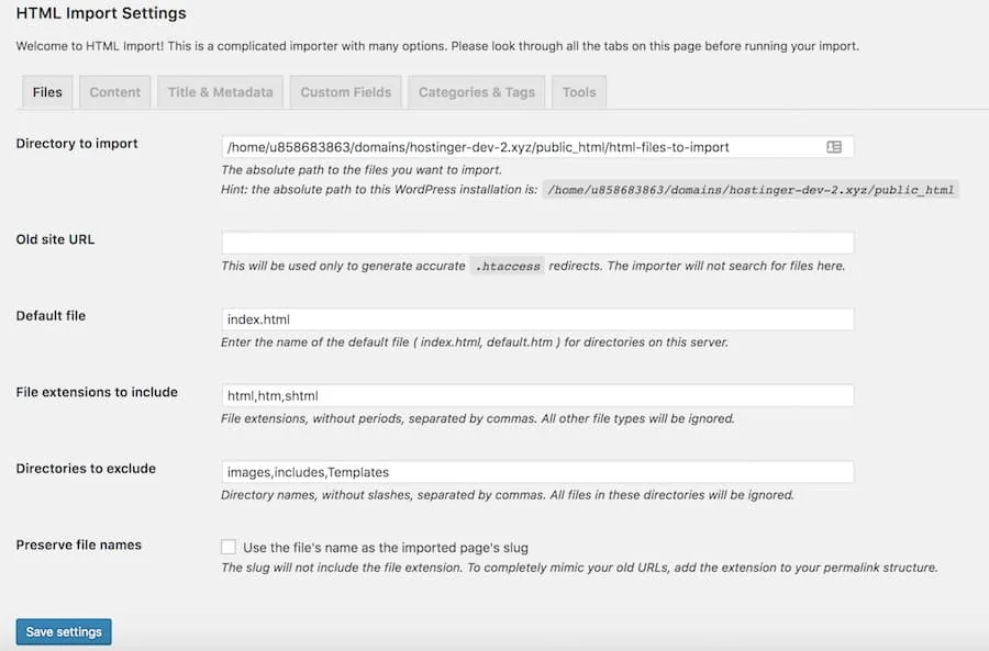 Paramètres d'importation HTML