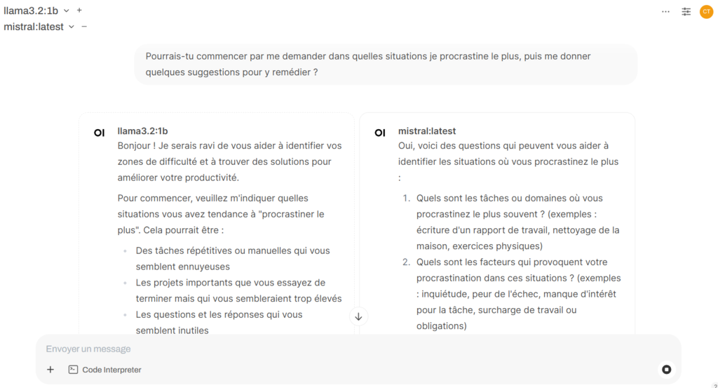 Les réponses de Llama et Mistral à une invite dans Open WebUI