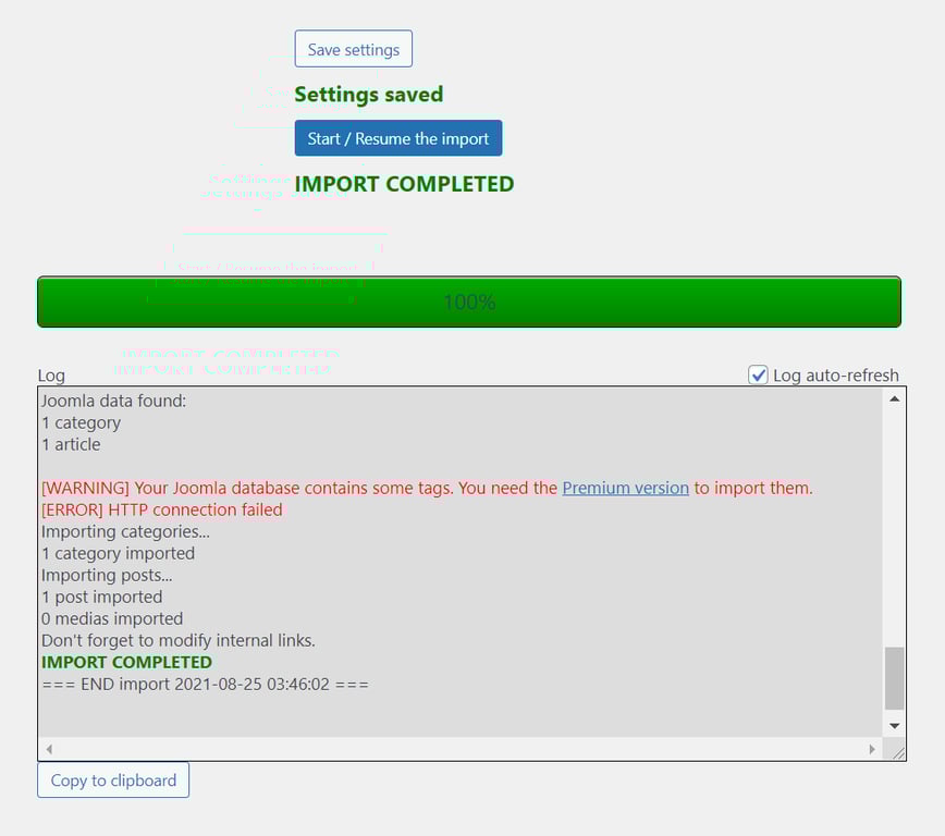 Importation de Joomla vers WordPress terminée