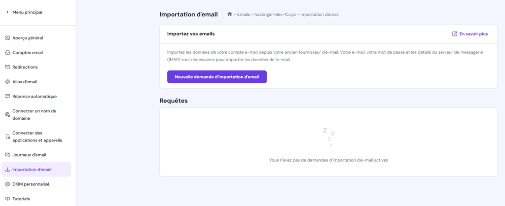 Tableau de bord d'importation d'email dans hPanel