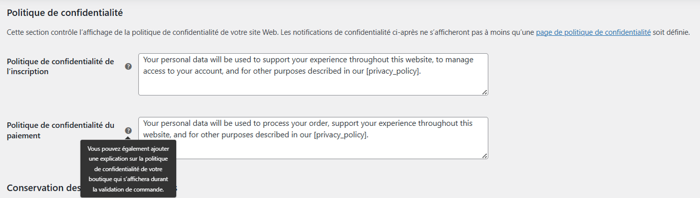 Configurer votre politique de confidentialité dans WooCommerce.