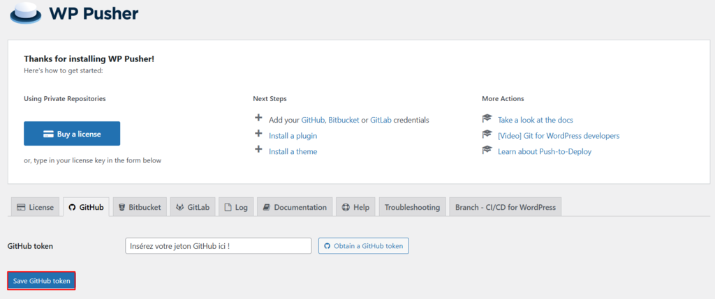 Enregistrer le jeton GitHub pour autoriser l'accès de WP Pusher à votre compte GitHub