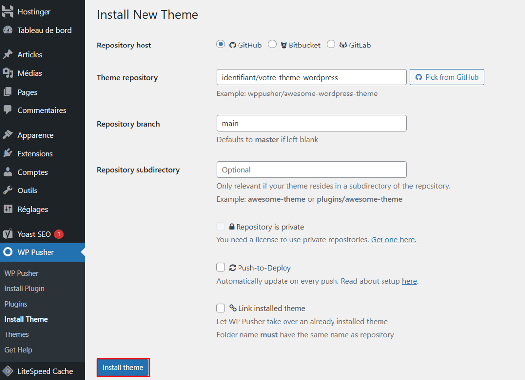 Menu d'installation du thème sur le plugin WP Pusher