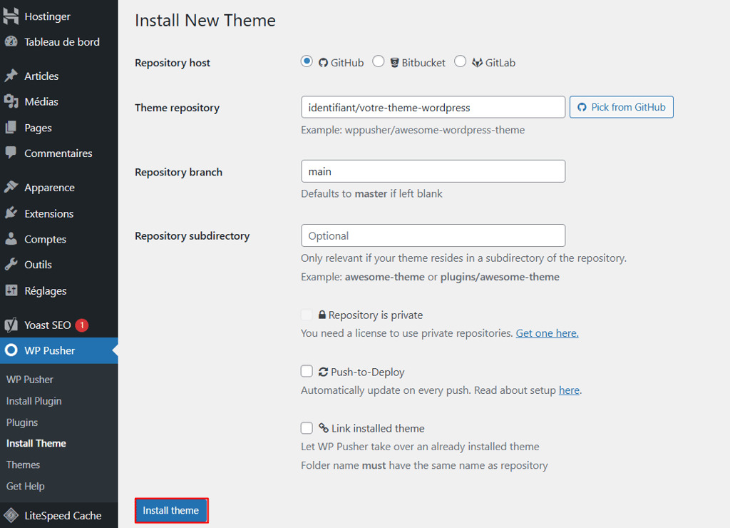 Menu d'installation du th&egrave;me sur le plugin WP Pusher