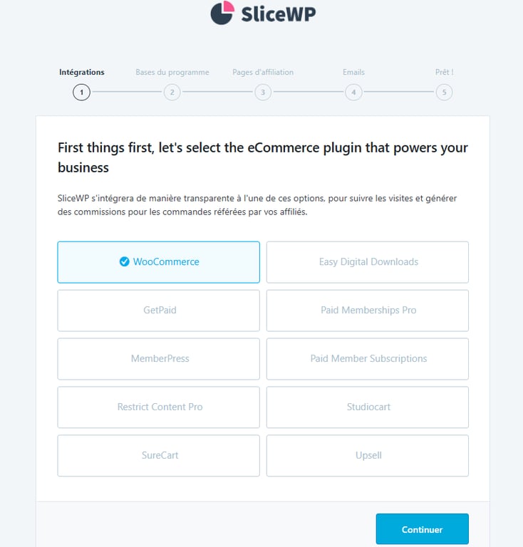 La page de sélection e-commerce dans l'assistant de configuration initiale de SliceWP