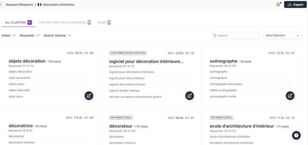 L'outil de recherche de mots-clés dans SurferSEO