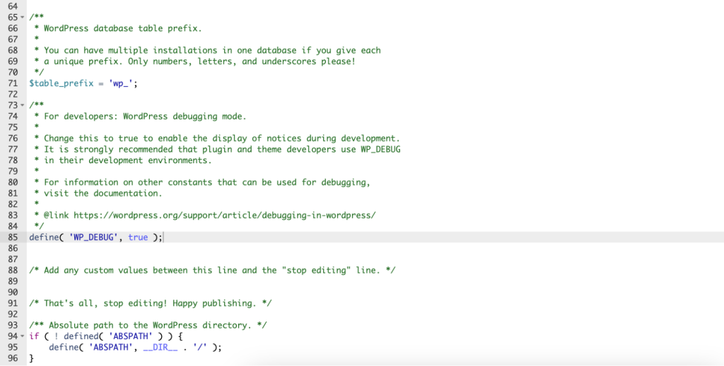 Ligne WP_DEBUG placée dans le fichier wp-config.php
