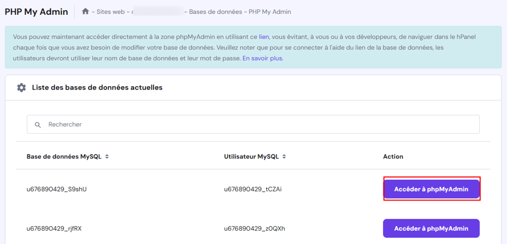 Liste des bases de donn&eacute;es actuelles dans hPanel avec le bouton &laquo; Acc&eacute;der &agrave; phpMyAdmin &raquo; en surbrillance