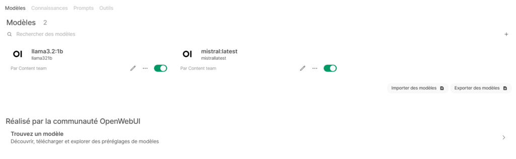 L'onglet Modèles dans l'espace de travail d'Open WebUI