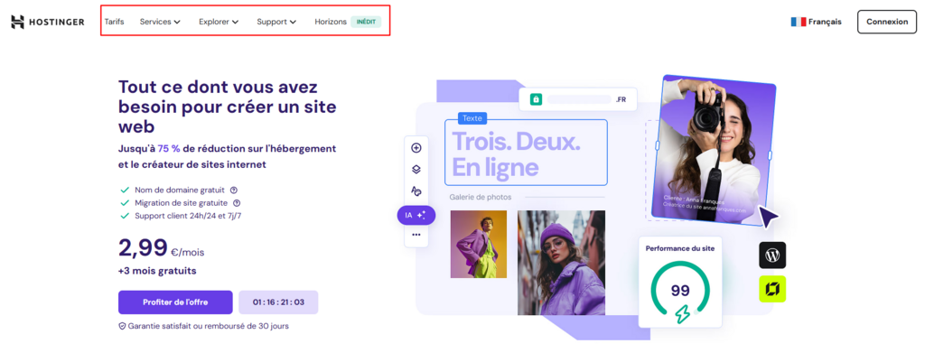 La page d'accueil de Hostinger avec la barre de menu sup&eacute;rieure surlign&eacute;e en rouge