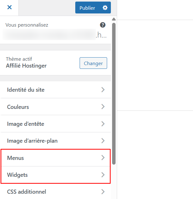 Les options Menus et Widgets dans le personnalisateur de WordPress
