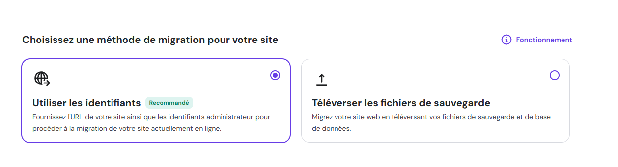 Options de migration dans hPanel