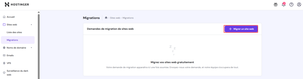 Tableau de bord des migrations dans hPanel