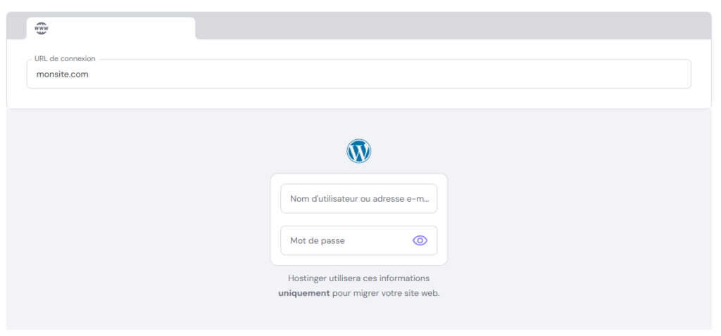 Panneau pour migrer le site Web WordPress