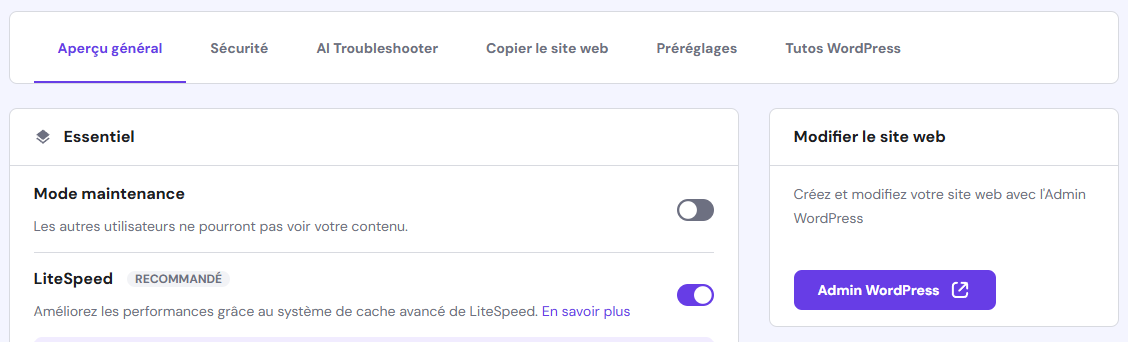 Basculement en mode maintenance de WordPress dans hPanel