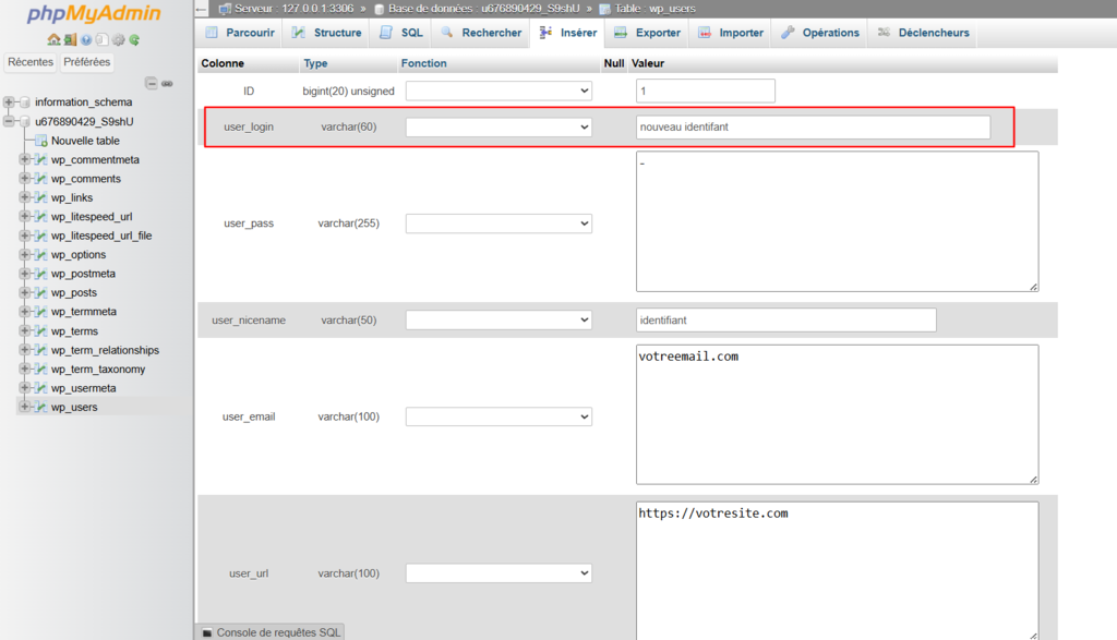 Nouveau champ de l'identifiant dans phpMyAdmin