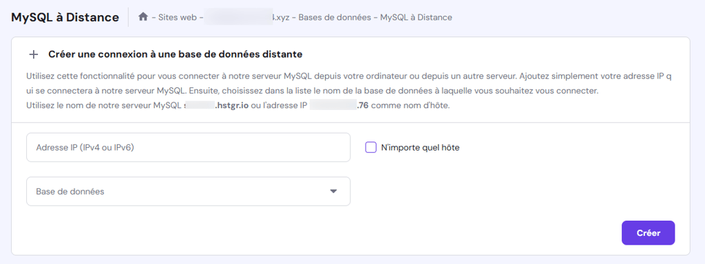 Tableau de base de données MySQL à distance