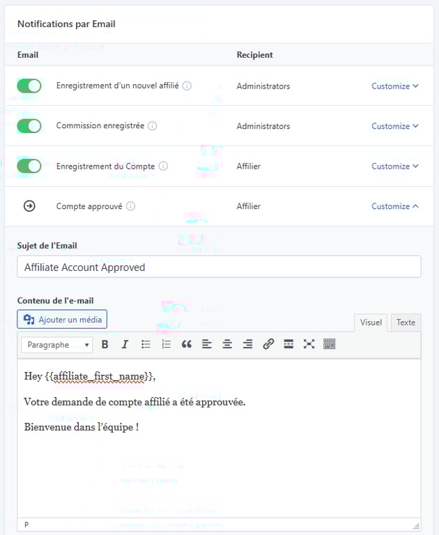 La section de personnalisation du message de notification par e-mail dans les paramètres de SliceWP