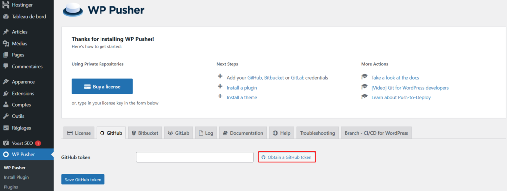 Un bouton sur WP Pusher pour obtenir un jeton GitHub