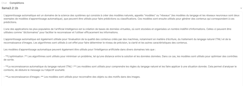 L'onglet Complétions dans le menu Playground d'Open WebUI