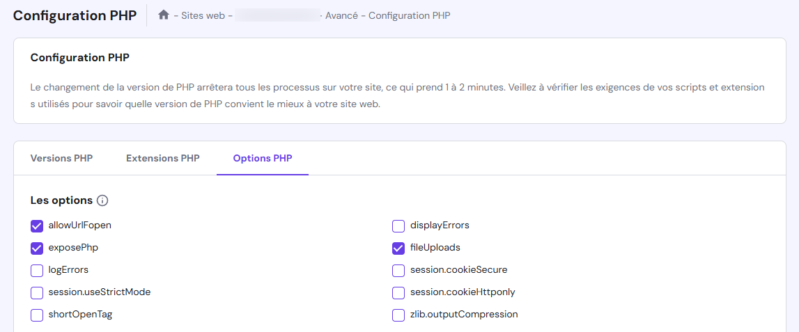 Page de configuration PHP dans hPanel affichant l'onglet des options PHP