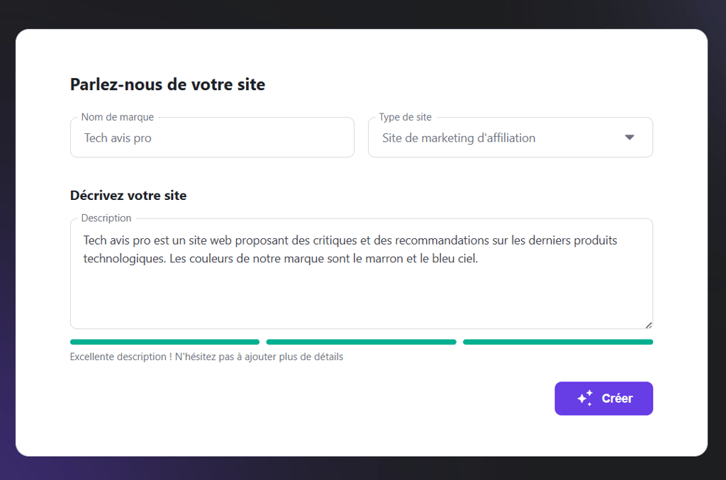 &Eacute;cran de cr&eacute;ation de site de marketing d'affiliation avec l'IA 