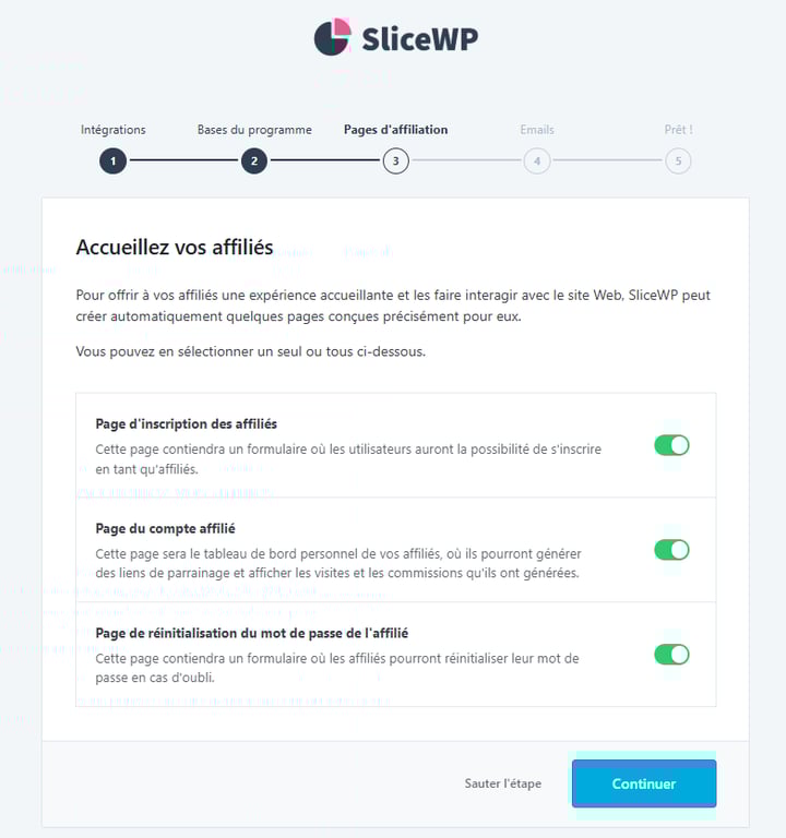 La page de création des pages d'affiliation de l'assistant de configuration initiale de SliceWP