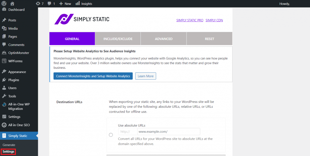 Menu de configuration du plugin Simply Static sur WordPress
