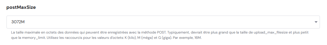 section postMaxSize dans hPanel
