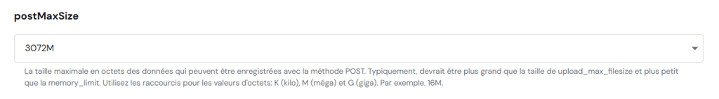section postMaxSize dans hPanel