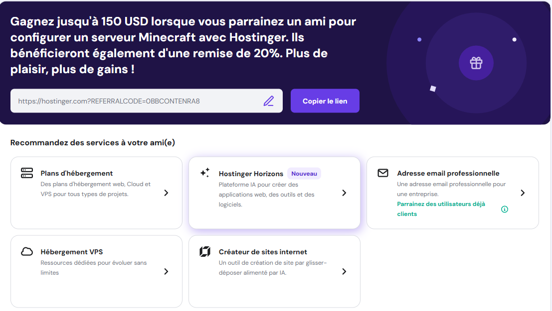 Tableau de bord de parrainage dans hPanel