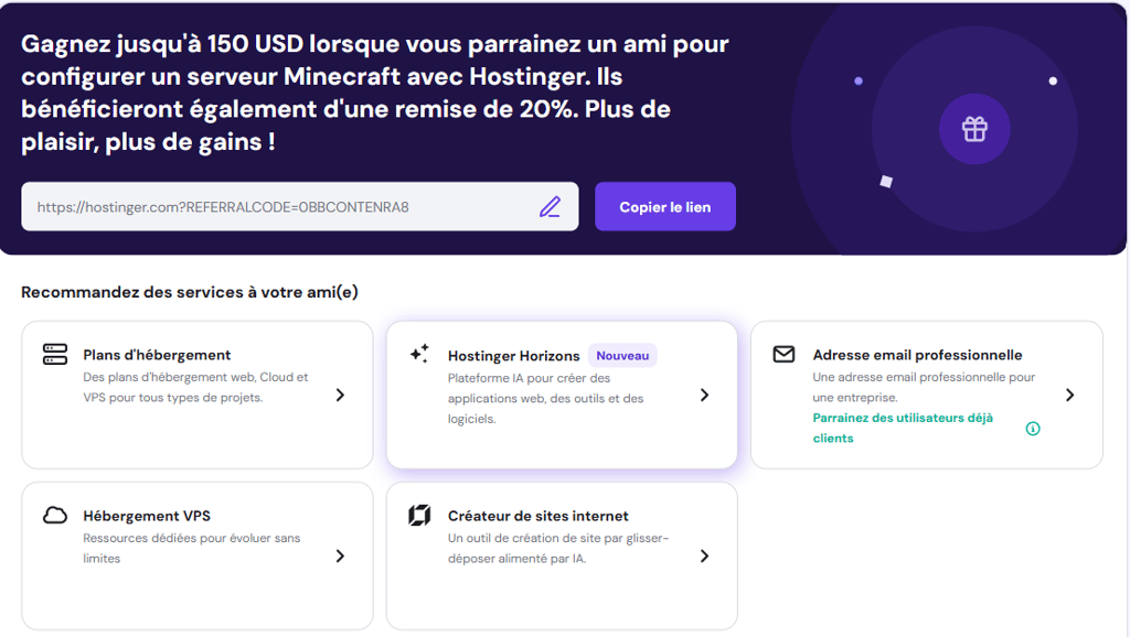 Tableau de bord de parrainage dans hPanel