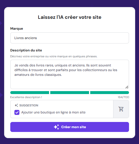 Panneau de création de site web AI dans le créateur de site web Hostinger