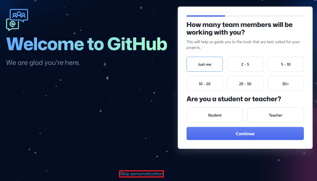 GitHub pose des questions pour la personnalisation d'un nouveau compte