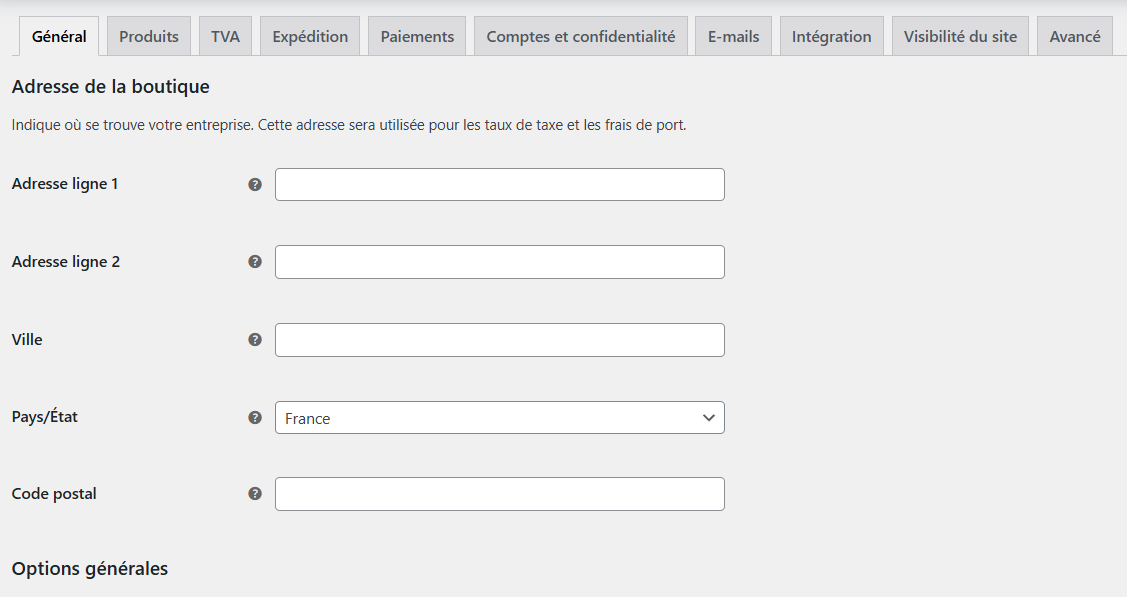 Paramètres généraux de WooCommerce.