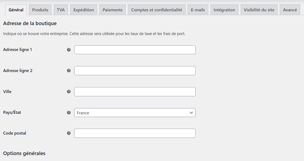 Param&egrave;tres g&eacute;n&eacute;raux de WooCommerce.