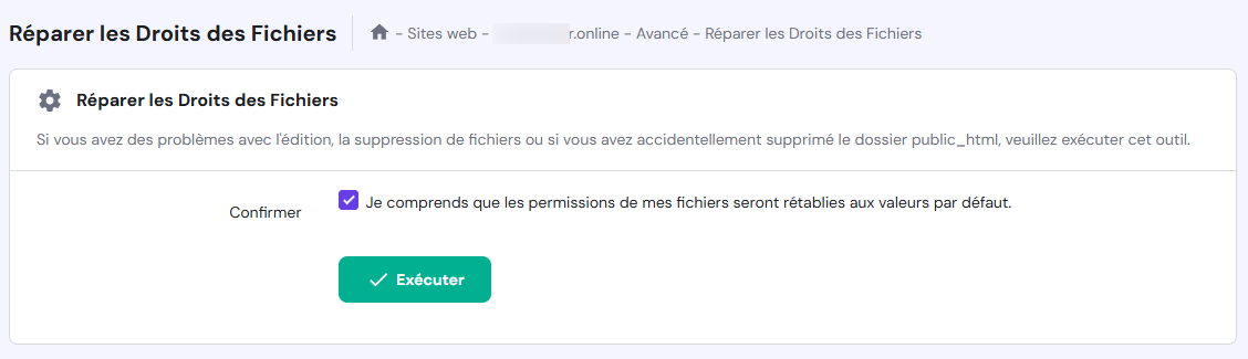 Section Réparer les droits des fichiers dans hPanel