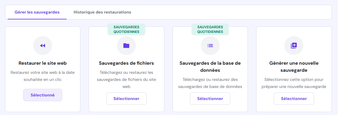 Tableau de bord des sauvegardes dans hPanel