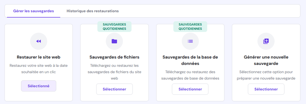 Tableau de bord des sauvegardes dans hPanel