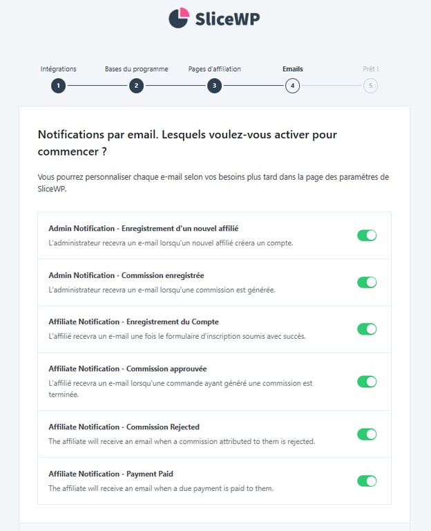 La page de configuration des notifications par e-mail de l'assistant de configuration initiale de SliceWP