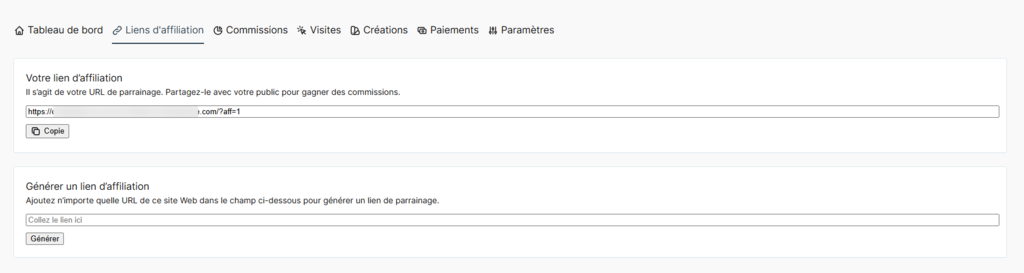 L'onglet Liens d'affiliation dans la zone du tableau de bord des affili&eacute;s de SliceWP