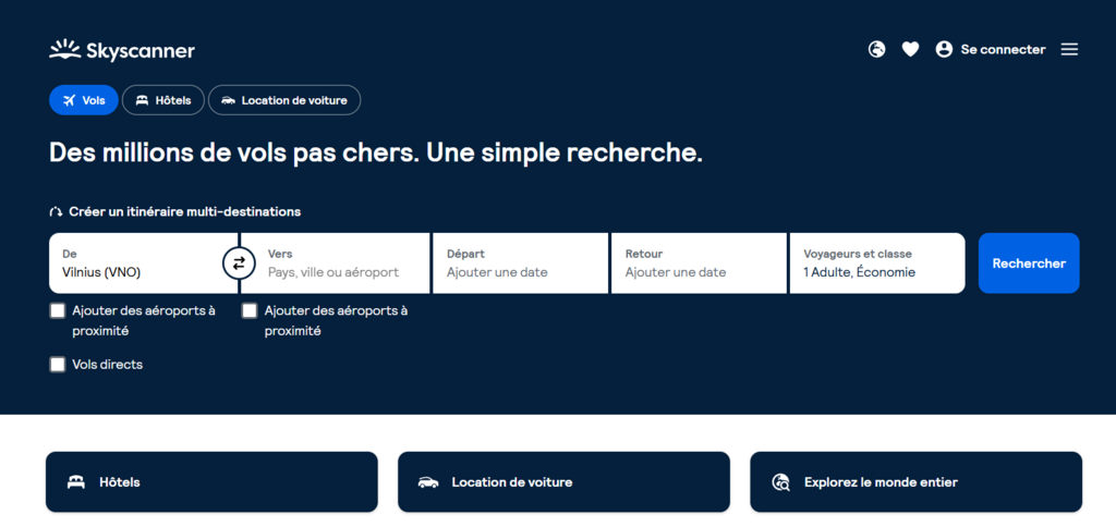 La page d'accueil de Skyscanner